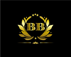 Monogram from intertwining letters BB in elegant flower frame. Baroque style. Place for text. Golden template for cafe, bars, boutiques, invitations. Logo for business. Vintage elements. Vector