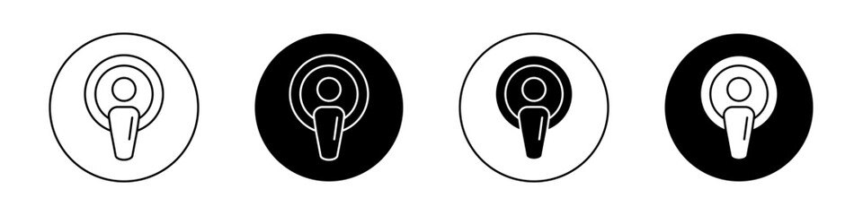 Podcast icon set. Transparent pod microphone vector symbol in a black filled and outlined style. Line audience pod sign. - obrazy, fototapety, plakaty