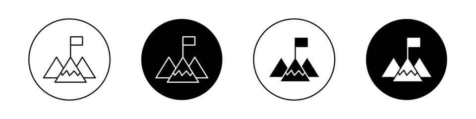 Mission icon set. Mountain flag success vector symbol in a black filled and outlined style. Success flag sign.