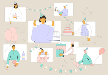 Birthday surprise party online. Anniversary celebration remote. Call family holiday event. Congratulation for young woman. Virtual friends meeting greeting card. Vector illustration