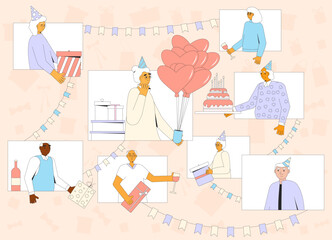 Anniversary celebration online. Birthday surprise party remote. Conferencing holiday event. Congratulation for senior woman. Virtual old friends meeting greeting card. Vector illustration