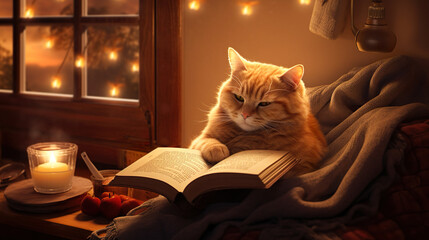 暖かい蝋燭の灯る部屋で読書をする猫