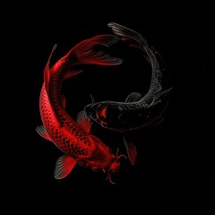 red and a black Koi that intertwine, dark grey background