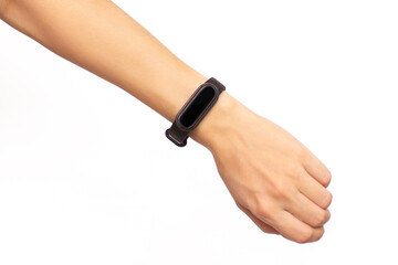 Cropped shot of a woman's hand holding a smart watch with a black display isolated on a white background. Fitness bracelet with copy space close-up. Concept of time, health care, modern digital gadget - obrazy, fototapety, plakaty