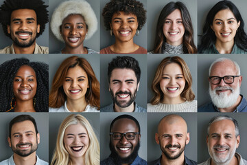 Many Headshots of a smiling men and women of all ages on a gray background looking at the camera - obrazy, fototapety, plakaty