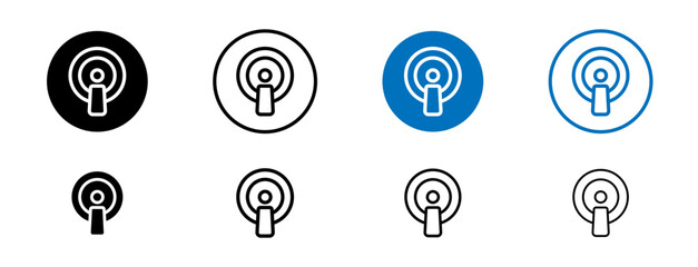 Podcast Line Icon Set. Transparent pod microphone and line audience pod symbol in black and blue color. - obrazy, fototapety, plakaty