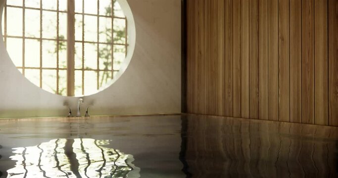 Wooden onsen Japan bathroom modern Onsen minimal style .3D rendering