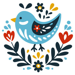 Fototapeta premium Blue Bird with Flowers Illustration.