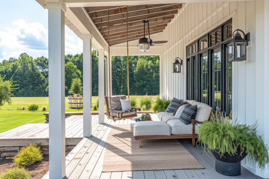 modern farmhouse with sun-drenched porch and swing