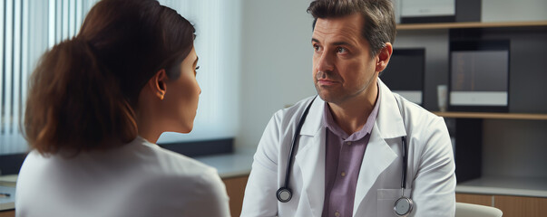 Obraz premium Doctor talking to woman patient at hospital clinic.