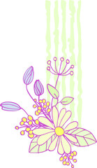Composition of isolated cartoon, cute flowers, blades of grass, leaves and other graphic elements of bright colors with a lilac outline on a white background. Digital illustration is suitable for scra