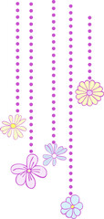 Composition of isolated cartoon, cute flowers, blades of grass, leaves and other graphic elements of bright colors with a lilac outline on a white background. Digital illustration is suitable for scra