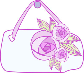 Composition of isolated cartoon, cute flowers, blades of grass, leaves and other graphic elements of bright colors with a lilac outline on a white background. Digital illustration is suitable for scra