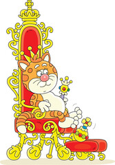 Funny cat king sitting on its golden throne in a royal palace of a fairytale kingdom, vector cartoon illustration isolated on a white background