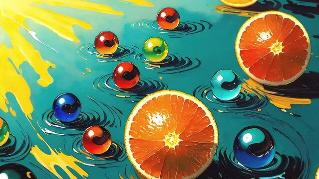 collection of glossy spheres in a bright color palette of oranges and blues, giving a sense of buoyancy and lightness against a turquoise background.