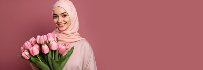 Cute beautiful young smiling Muslim girl in pink hijab with bouquet of tulips on pink background. Concept of spring, female beauty, March 8 holiday, international women's day, mother's day