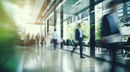 Blurred background business people walking in the hall of modern glass office, business center, shopping center, bank. Business concept, modern interior with living green plants. Eco style