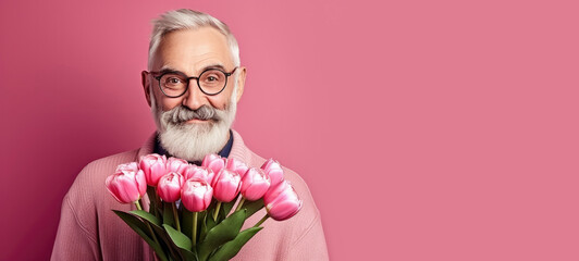 Portrait of smiling gray-haired hipster grandfather with bouquet of tulip flowers on pink background. Concept of congratulations on International Women's Day, March 8, Mother's Day. Creative spring 
