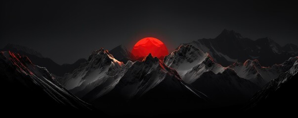Amazing snowy mountains with a big red sun setting behind them.