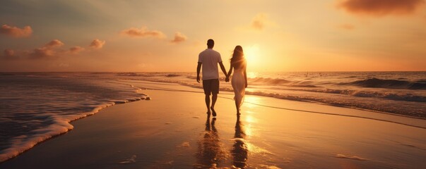 Romantic couple holding hands walking on a beach at sunset .
