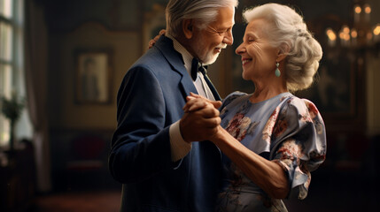 A man and an elderly woman at a ball dancing, generative AI