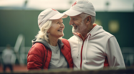 A man and an elderly woman on a tennis court, generative AI