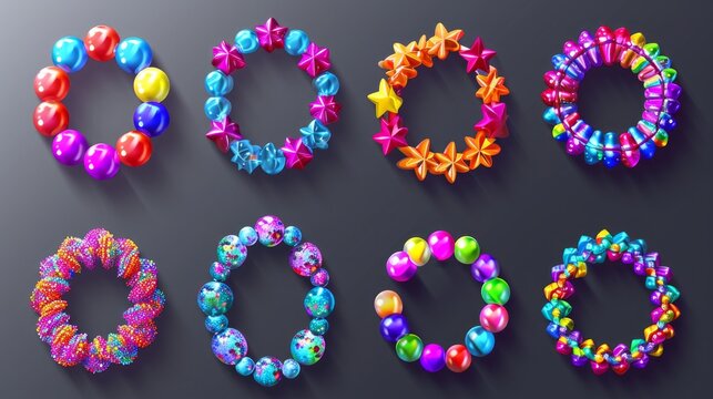 Collection of vector jewelry and children's ornaments. Bracelet made of handmade plastic beads. Set of bright colorful braided bracelets with words from the letters star, vibes, peace, honey, only
