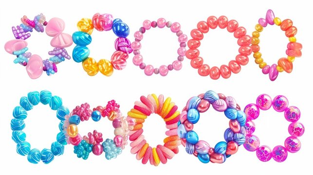 Collection of vector jewelry and children's ornaments. Bracelet made of handmade plastic beads. Set of bright colorful braided bracelets with words from the letters love, friends, sweet, baby, happy