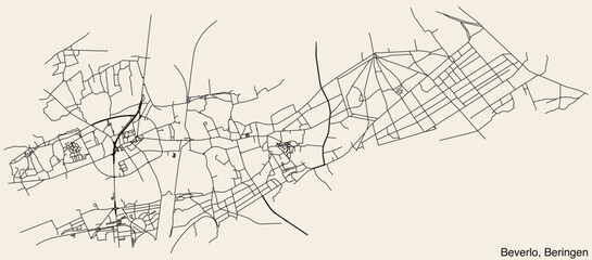 Detailed hand-drawn navigational urban street roads map of the BEVERLO COMMUNE of the Belgian municipality of BERINGEN, Belgium with vivid road lines and name tag on solid background