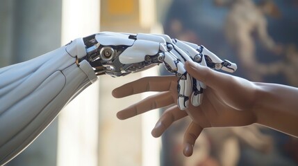Futuristic Robot Arm Touches Human Hand in Humanity and Artificial Intelligence Unifying Gesture. Conscious Technology Meets Humanity - obrazy, fototapety, plakaty