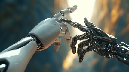 Futuristic Robot Arm Touches Human Hand in Humanity and Artificial Intelligence Unifying Gesture. Conscious Technology Meets Humanity - obrazy, fototapety, plakaty