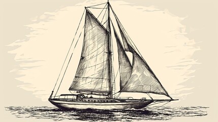 Hand Drawn Engraving Pen and Ink Yacht Sailboat Vintage Vector Illustration