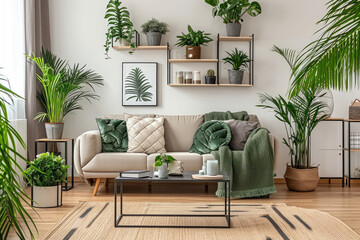 Living room with green houseplants and furniture that decor around the room, cozy home decor background, plant minimal design.