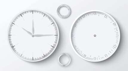 Mechanical clock faces, bezel. White watch dial with minute and hour marks. Timer or stopwatch element. Blank measuring circle scale with divisions. Vector illustration - obrazy, fototapety, plakaty