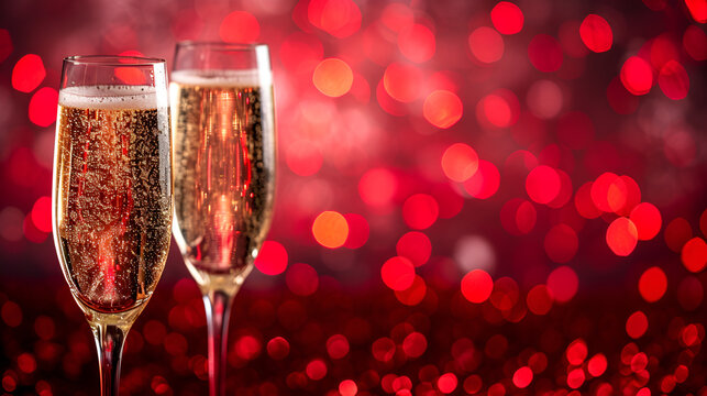 Two champagne glasses on sparkling red bokeh background generative ai