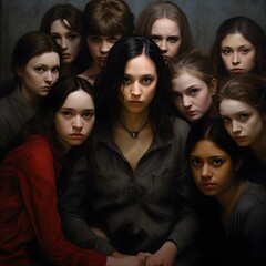 Group of women. One person in the center is wearing a dark shirt and has a necklace; others have varied clothing colors including red and black. The background is dark and muted.
