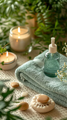 Fototapeta na wymiar Luxurious Towels and Robes: Arrange plush and neatly folded towels and robes, showcasing the comfort and quality associated with spa experiences. Aromatherapy Diffuser