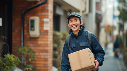 笑顔の日本の配達員が荷物を運ぶ - obrazy, fototapety, plakaty