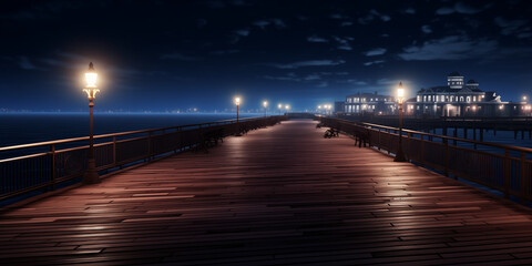  Nighttime view of a pier with a pier house and street lights  Dusk view of the ocean pier after the rain in beach  