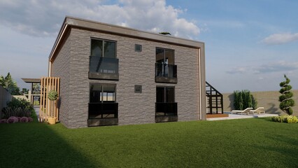 Obraz premium 3D Model of 2 storey Stone Coal and White facade Modern Villa with lighting on facade and pool in the garden. Villa with winter garden rendering. 