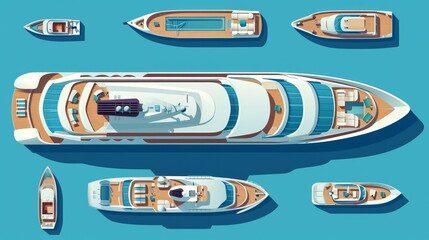 Realistic cruise ship layout. Luxury tourist transport vessel. Passenger ship Voyage, marine designation. Sea holidays, Yacht, transport design. Vector illustration - obrazy, fototapety, plakaty