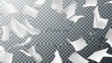 Realistic set of white paper sheets falling down isolated on transparent background. Vector illustration of stack of blank pages, office documents, business files flying in air. Mess in paperwork - obrazy, fototapety, plakaty