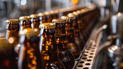 Fototapeta na wymiar Bottles of beer on a conveyor belt in a factory.