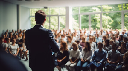 speaker in front of the audience back view, debate, male lecturer speaking in front of a hall of people, the concept of public speaking abstract fictional