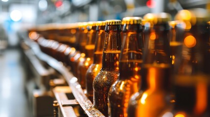 Bottles of beer on a conveyor belt in a factory.