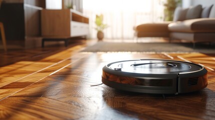robot vacuum cleaner in modern smart home, robotic vacuum cleaner on wooden floor, Robot vacuum cleaner cleaning dust on tile floors. Modern smart cleaning technology housekeeping