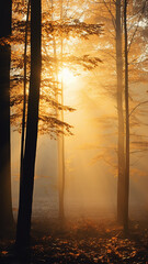 vertical panorama of the autumn forest, the sun's rays breaking through the fog, the sunshine, autumn morning in a fairytale forest