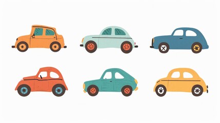 Set of flat vector children's illustrations. Cute cars on white background