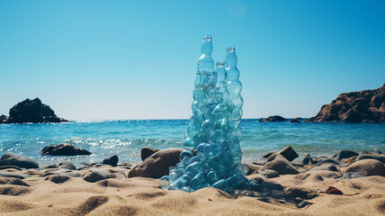 tower of collected empty plastic bottles on the seashore, the concept of pollution of the world's oceans with plastic