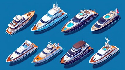 Set of yachts isometric icons. Types of travel ships. Luxury marine cruise boats. Yachting 3d vessel. Fishing sea cruise collection. Tourism water transport for river or lake. Vector illustration